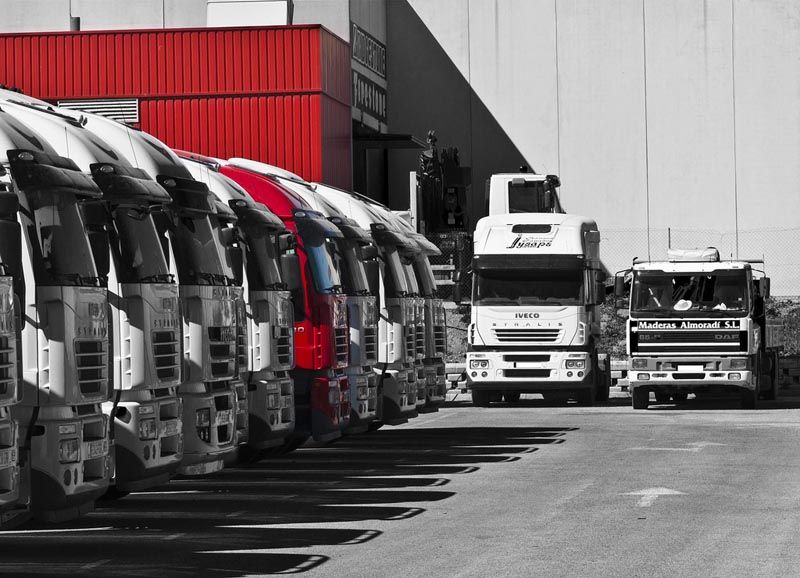 Flotilla de camiones de carga estacionados frente a una bodega